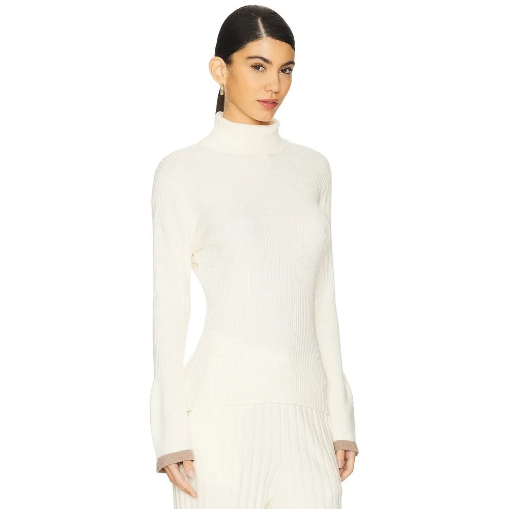 Varley Womens Ravena Rib Knit Turtleneck Top Sweater Cream Taupe Trim L Orig 128